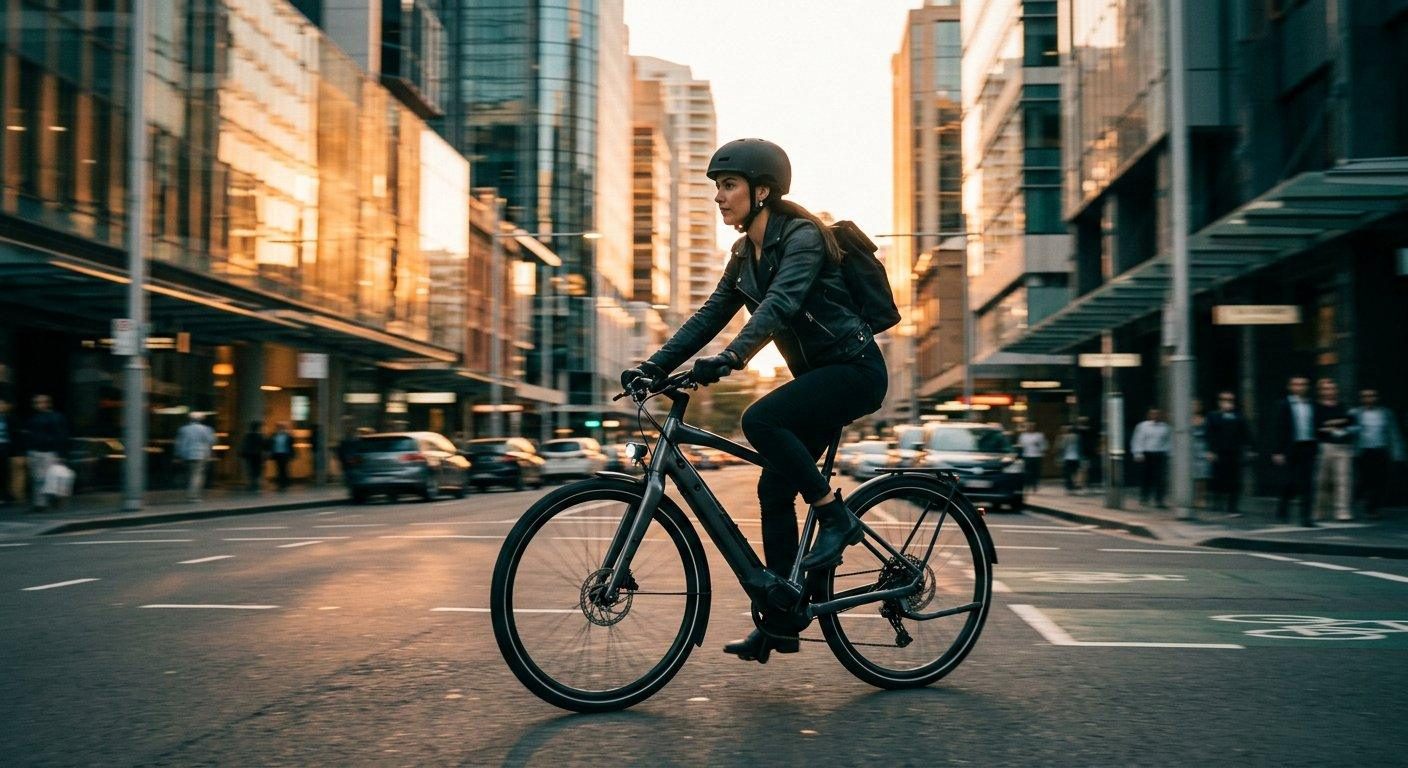 A rider on an e-bike crossing a city street at sunset