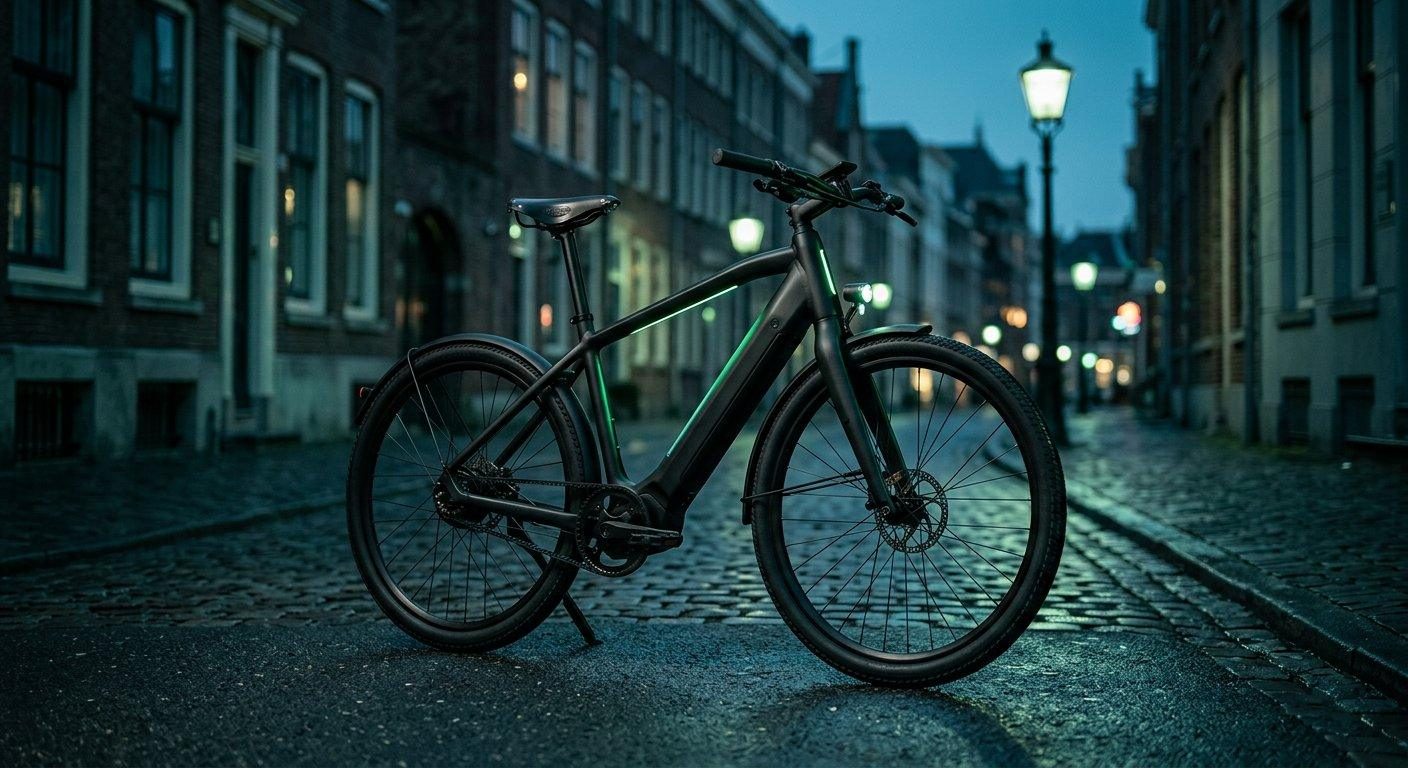 A dark e-bike parked on a cobbled street at dusk