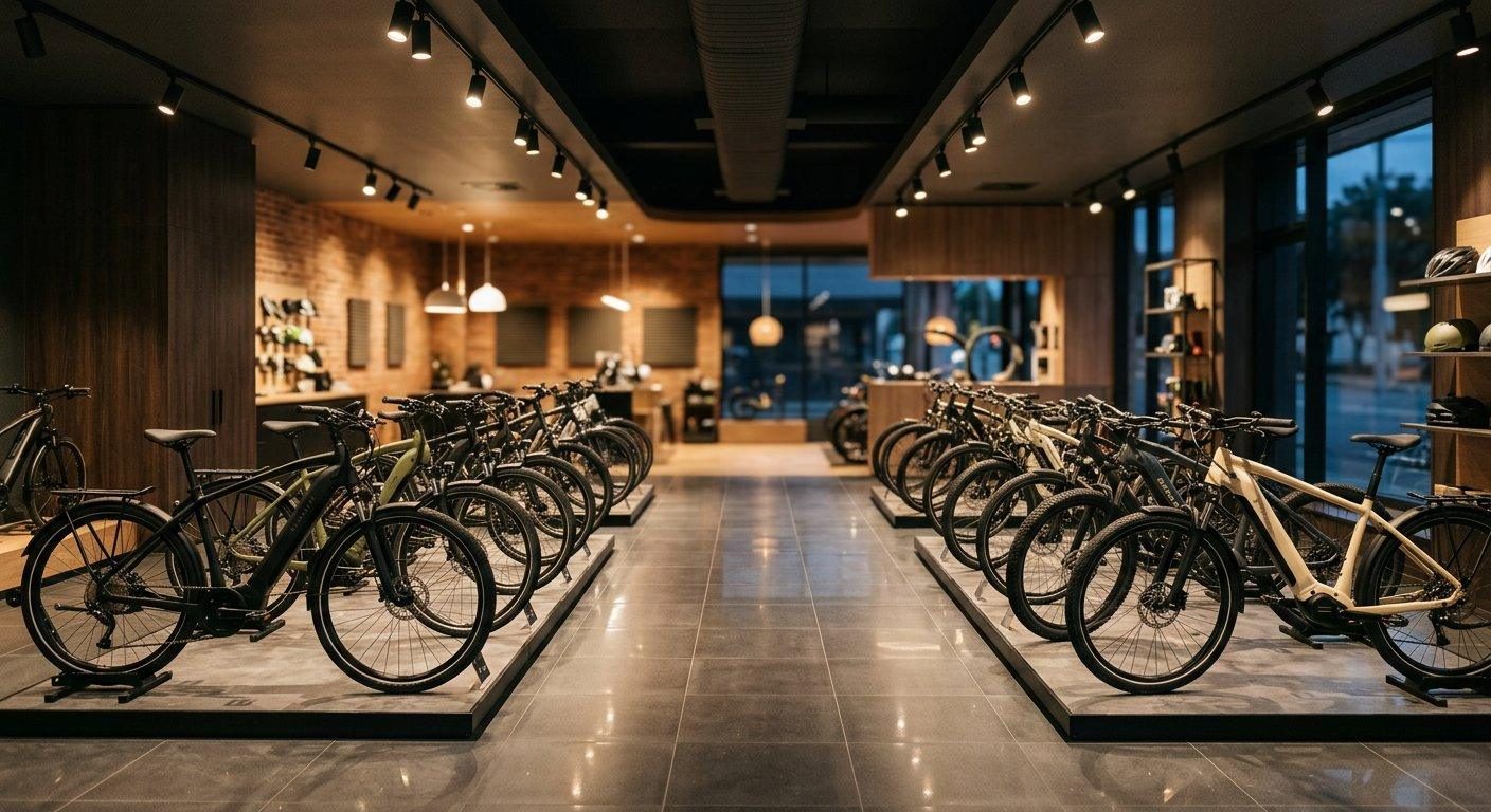 Electric bikes lined up in a bright bike showroom