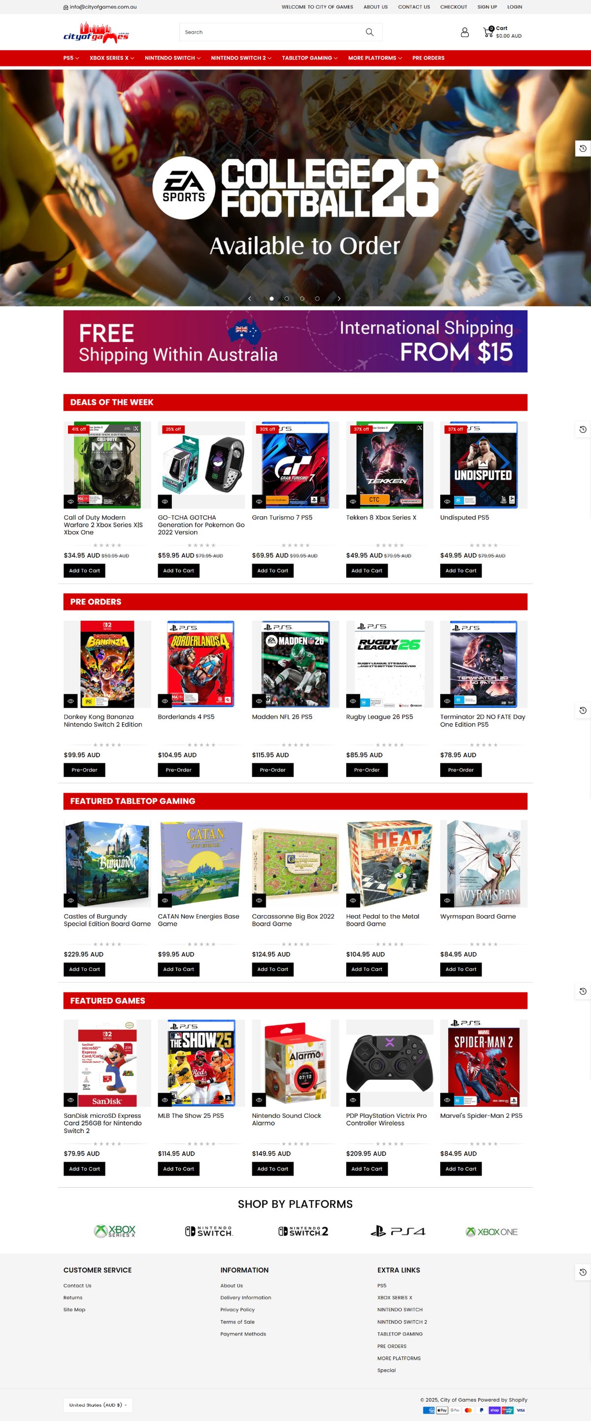 The full City of Games homepage on Shopify