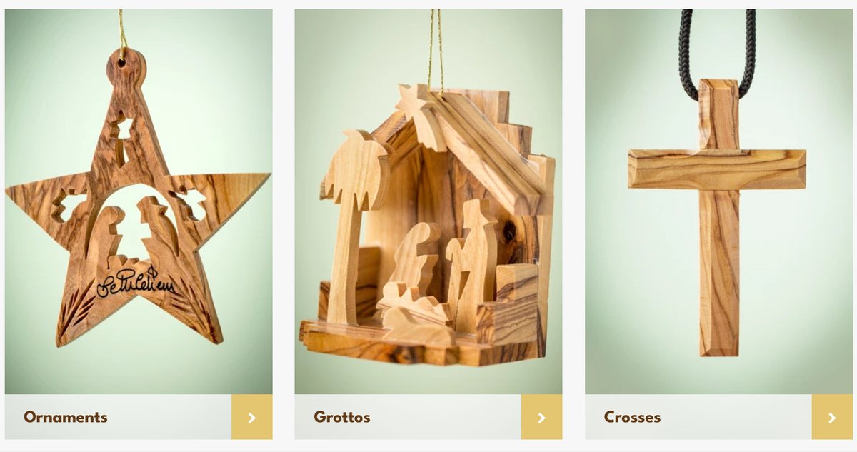 Olive wood ornament, grotto and cross category tiles on the new Earthwood homepage