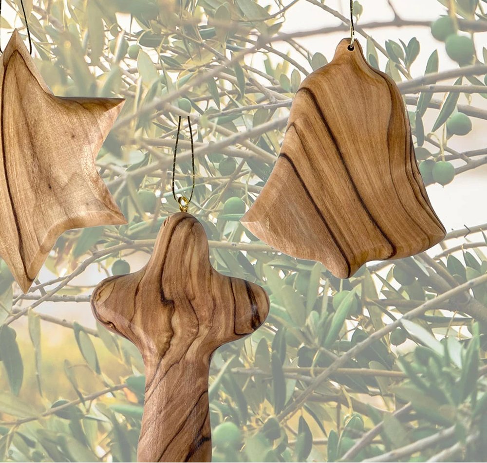 Olive wood star, bell and cross ornaments from the new Earthwood Products homepage