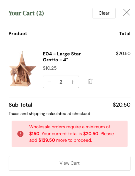 Cart showing a message that wholesale orders require a $150 minimum, with a $20.50 total and $129.50 still to add