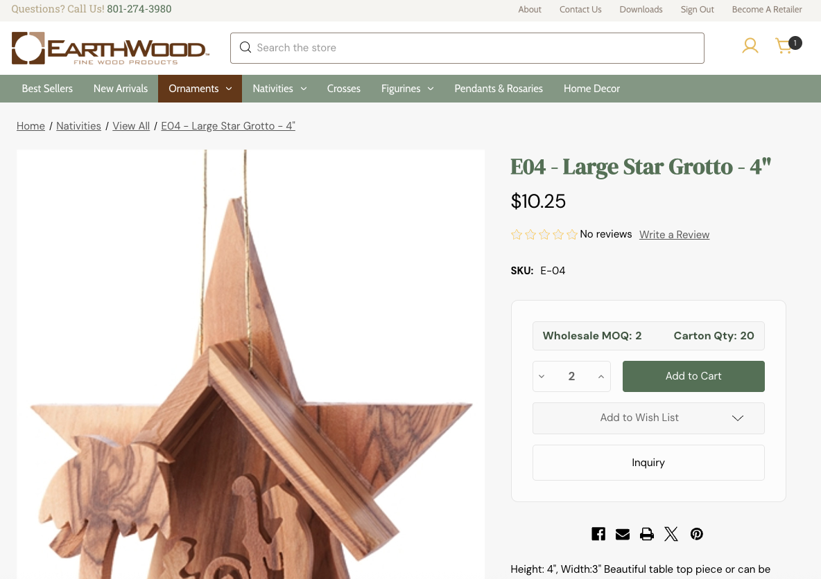 Product page for the E04 Large Star Grotto showing Wholesale MOQ 2 and Carton Qty 20